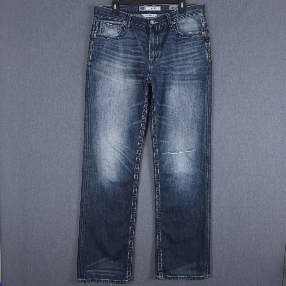 BKE Tyler Jeans Mens 34L (Fits 34x33) Blue Distressed Straight‎ Leg Denim